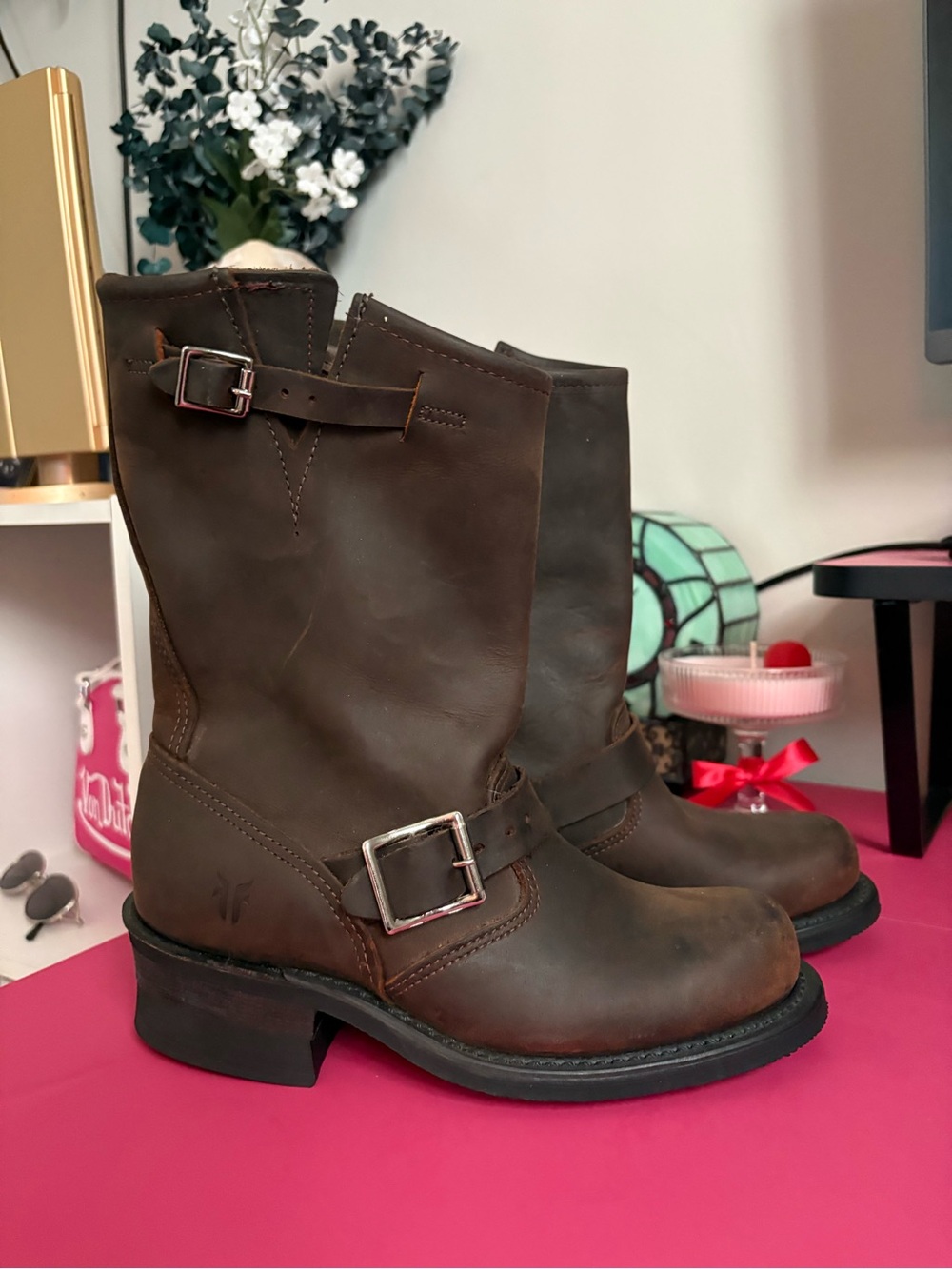 Frye Brown Leather Buckle Engineer Boots